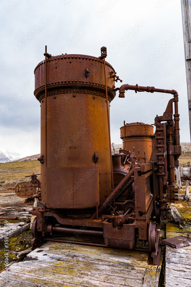Broken Mining equipment in the New London settlement, Svalbard archipelago
