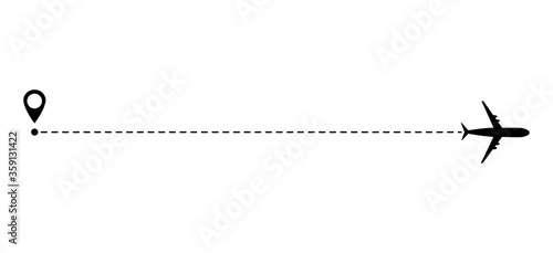 Airplane line vector icon of air plane straight flight route with start point and line trace isolated on white background