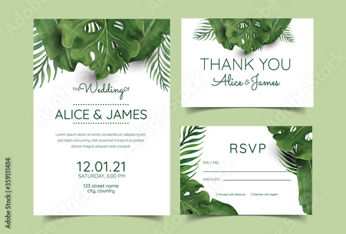 Tropical Greenery Wedding Invitation Printable, Summer Beach Wedding Invite Hawaii Destination Wedding Invitation set geometric palm leaves