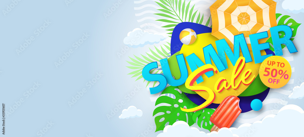 Summer Sale banner, hot season discount poster with liquid gradient shapes, tropical leaves, ice cream, umbrella, ball and clouds. Graphic design for special offer for advertisement, social media, web
