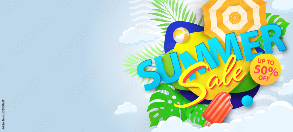Summer Sale banner, hot season discount poster with liquid gradient shapes, tropical leaves, ice cream, umbrella, ball and clouds. Graphic design for special offer for advertisement, social media, web Summer Sale banner, hot season discount poster with liquid gradient shapes, tropical leaves, ice cream, umbrella, ball and clouds. Graphic design for special offer for advertisement, social media, web