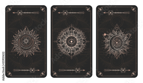 Vector set of three dark illustrations with sacred geometry symbols, grunge textures and frames. Images in black and gold colors. 