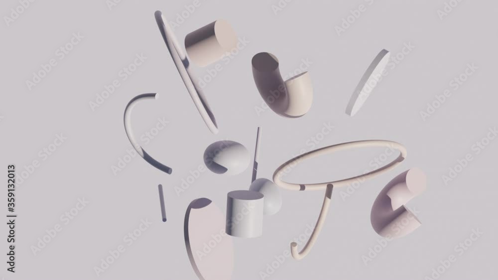 Dynamic animation of colorful geometric figures levitation in zero gravity. 3d render of primitive shapes swing. Messy objects collision bounce on color background.