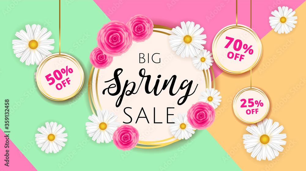 Big Spring sale banner template with camomiles and rose flower on geometric background and gold frame. Spring offer ads for e-commerce, on-line cosmetics shop, fashion and beauty shop, store. Vector .