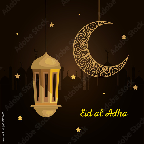 eid al adha mubarak, happy sacrifice feast, with golden lantern and moon hanging decoration vector illustration design