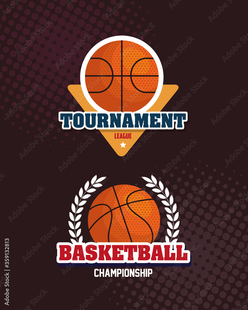 set labels, league basketball championship, emblem, designs with basketball ball vector illustration