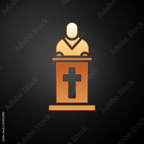 Gold Church pastor preaching icon isolated on black background.  Vector Illustration