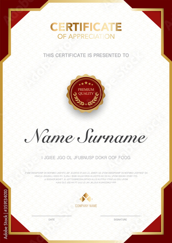 diploma certificate template red and gold color with luxury and modern style vector image, suitable for appreciation.  Vector illustration.
