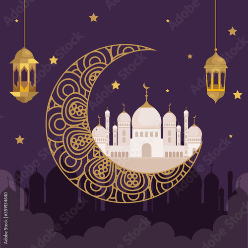 eid al adha mubarak, happy sacrifice feast, with golden lanterns hanging decoration, moon and monuments traditional vector illustration design