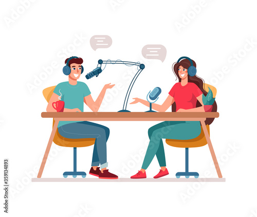 Concept of podcasting, radio station, interview. Man and woman are DJs on the radio. Podcast presenters with a microphone talking live in studio. Vector flat .characters, isolated on .white