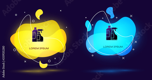 Black Plastic bottles for laundry detergent, bleach, dishwashing liquid or another cleaning agent icon isolated on black background. Abstract banner with liquid shapes. Vector Illustration