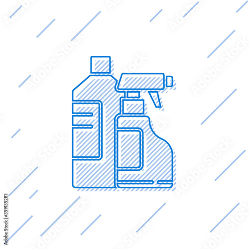 Blue line Plastic bottles for laundry detergent, bleach, dishwashing liquid or another cleaning agent icon isolated on white background.  Vector Illustration