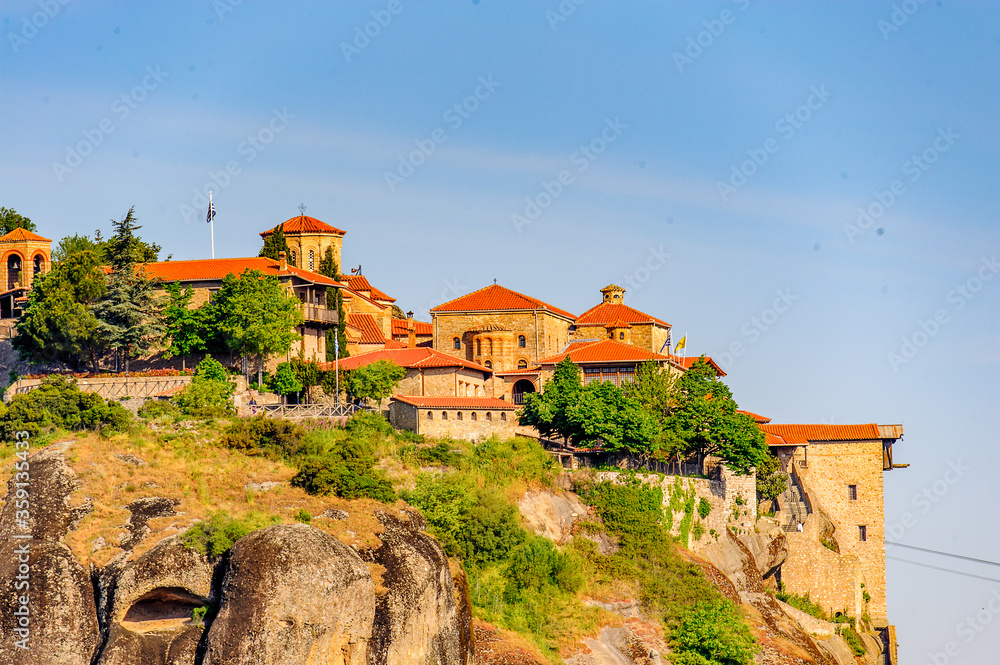 It's Monastery complex in Meteora mountains, Thessaly, Greece. UNESCO World Heritage