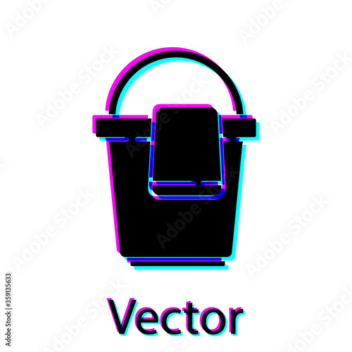 Black Bucket with rag icon isolated on white background. Cleaning service concept.  Vector Illustration