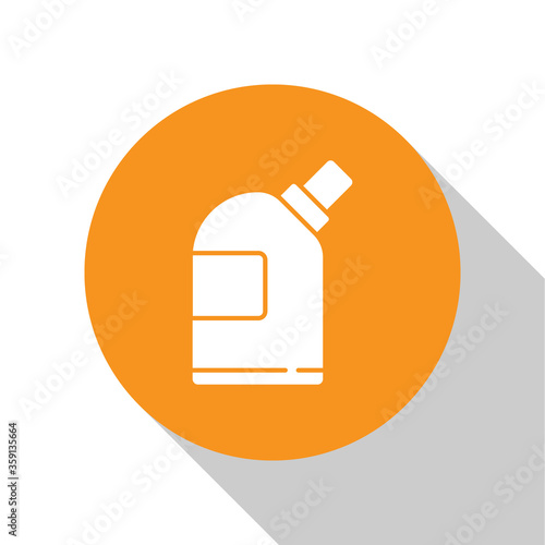 White Plastic bottles for laundry detergent, bleach, dishwashing liquid or another cleaning agent icon isolated on white background. Orange circle button. Vector Illustration