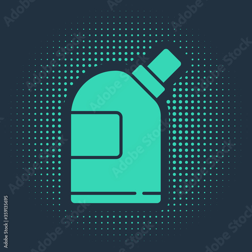 Green Plastic bottles for laundry detergent, bleach, dishwashing liquid or another cleaning agent icon isolated on blue background. Abstract circle random dots. Vector Illustration