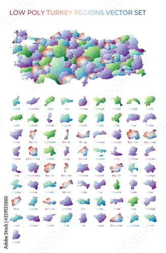 Turkish low poly regions. Polygonal map of Turkey with regions. Geometric maps for your design. Cool vector illustration.