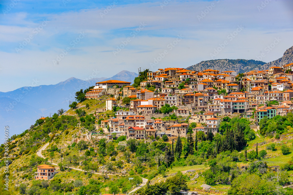 It's Aerial view of Arachova, Greece. A village on the green slopes of Parnassus Mountains, Greece