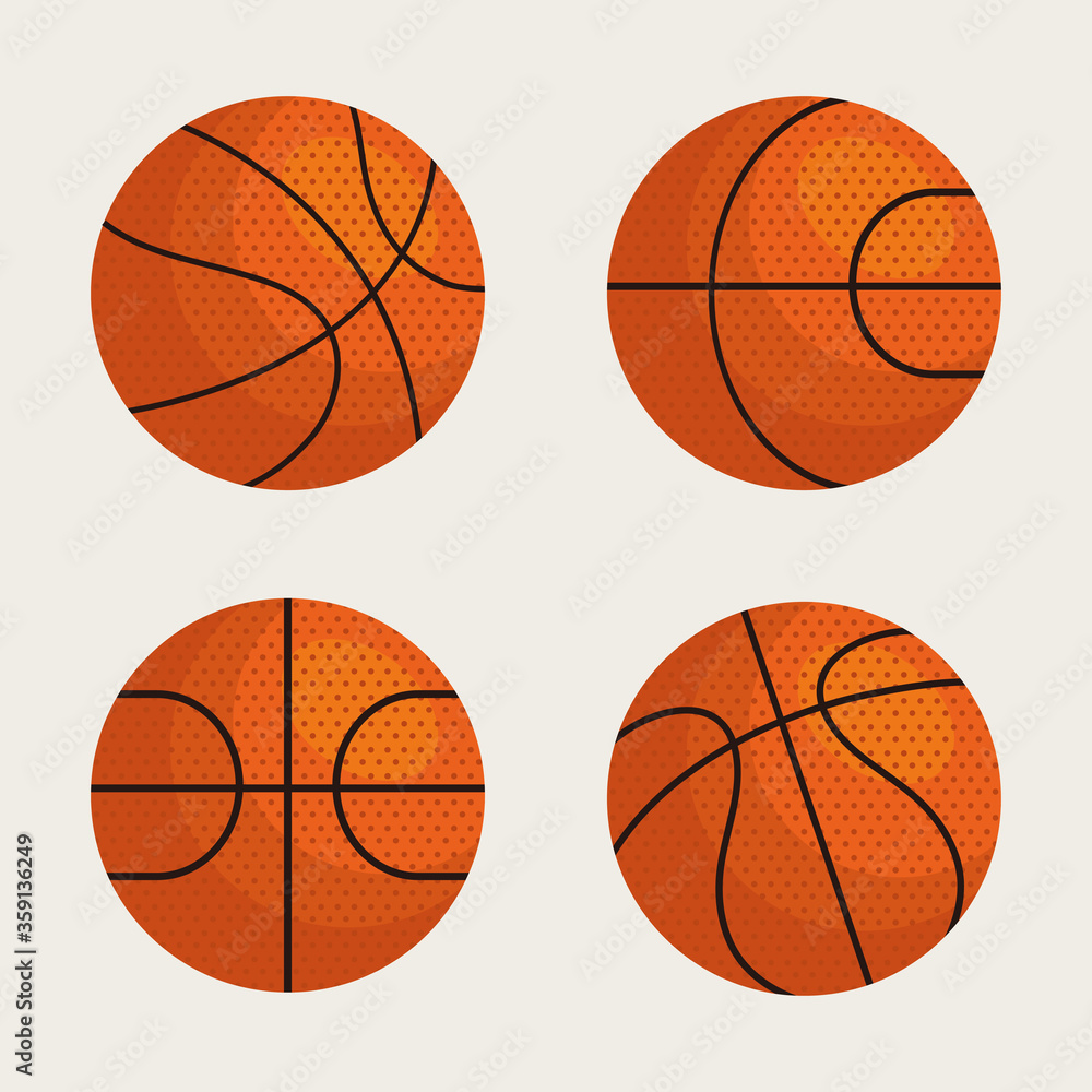 collection, basketball balls, four basketball balls vector illustration design