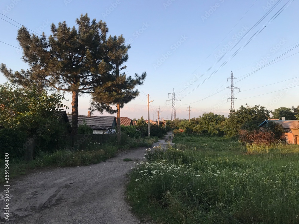 landscape evening in the village road tree and sky landscape evening in the village road tree and sky