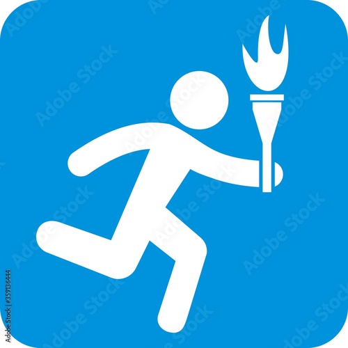 running man holding a olympic torch, white silhouette, vector icon on blue background