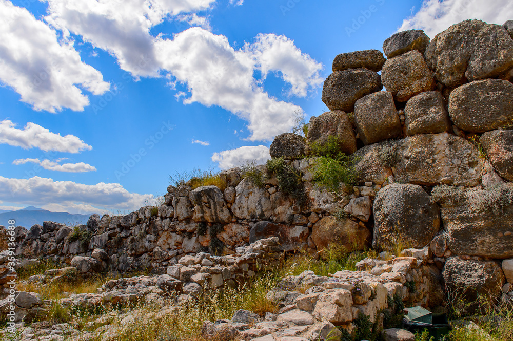 It's Lion gate of Mycenae, center of Greek civilization, Peloponnese, Greece. Mycenae is a famous archaeological site in Greece. UNESCO World Heritage Site