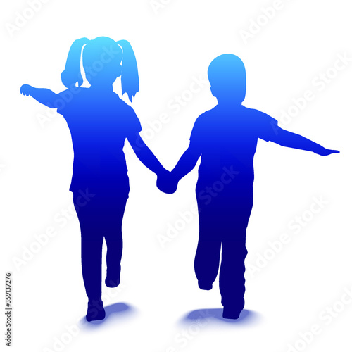 Vector illustration of walking kids holding hands. Isolated silhouettes of children.