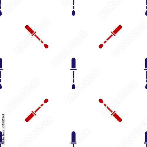 Blue and red Pipette icon isolated seamless pattern on white background. Element of medical, chemistry lab equipment. Pipette with drop. Medicine symbol.  Vector Illustration