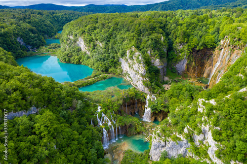 Fototapeta Naklejka Na Ścianę i Meble -  Aerial view of the Sastavci waterfall on the Plitvice Lakes National park Croatia