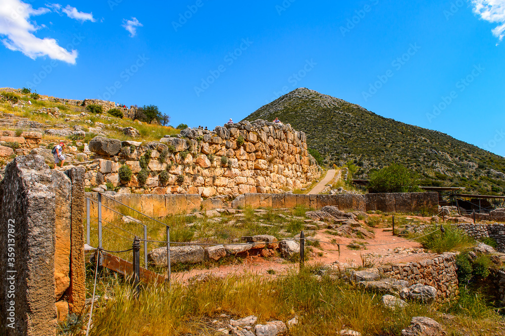 It's Walls of Mycenae, center of Greek civilization, Peloponnese, Greece. Mycenae is a famous archaeological site in Greece. UNESCO World Heritage Site