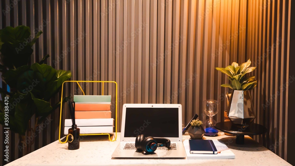 Fototapeta premium design of workplace for home office with modern equipment and objects