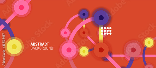 Flat style geometric abstract background, round dots or circle connections on color background. Technology network concept.