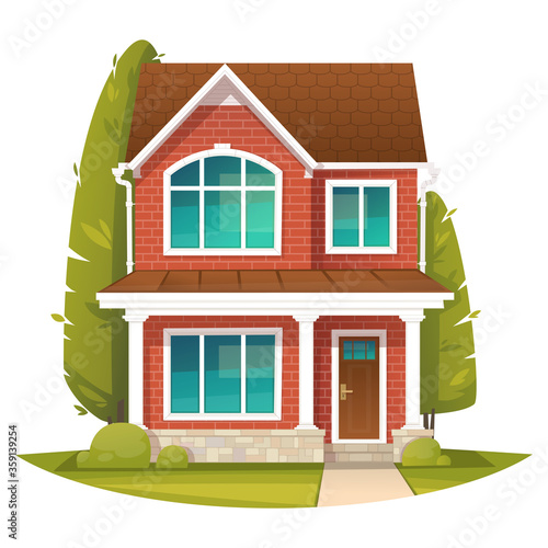 Brick two story house in the English style. Rent or sale of real estate. Vector illustration