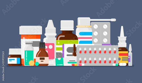 Set of various medicines. Tablets, ointments, sprays and liquid preparations. Pharmacy products. Medical remedies for diseases. Collection of medication. Vector illustration