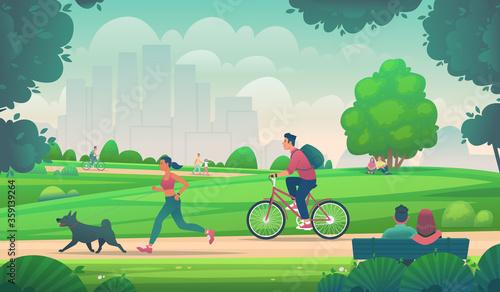 People walk, run and ride a bike in a city park. Active lifestyle in urban environments. Outdoor leisure. Vector illustration