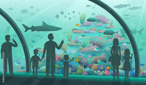 People in the oceanarium. Parents and children look at ocean fish and marine inhabitants. A variety of underwater flora and fauna. Vector illustration