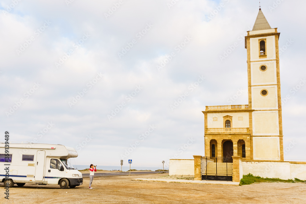 Caravan and church San Miguel, Cabo de Gata, Spain