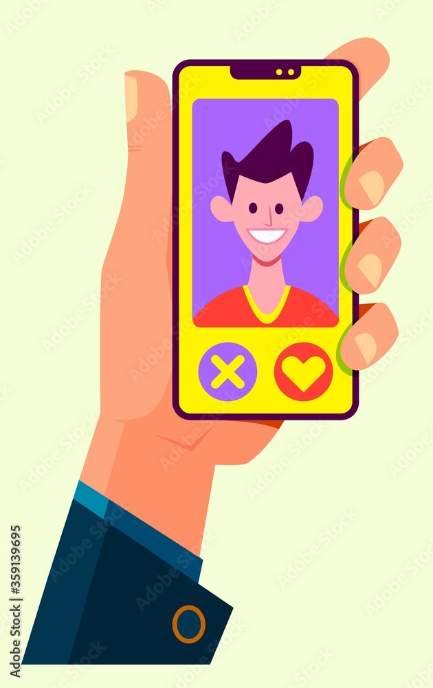 Man hand holding smartphone. Dating service. Homosexual. Flat cartoon style illustration. Man hand holding smartphone. Dating service. Homosexual. Flat cartoon style illustration.