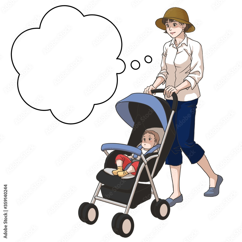 A young mother with a hat pushing a baby buggy, thinking something A young mother with a hat pushing a baby buggy, thinking something