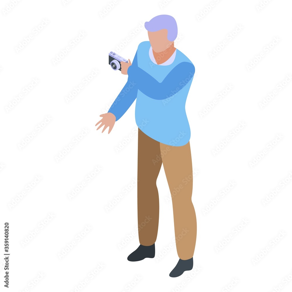 Grandfather take photo camera icon. Isometric of grandfather take photo camera vector icon for web design isolated on white background Grandfather take photo camera icon. Isometric of grandfather take photo camera vector icon for web design isolated on white background