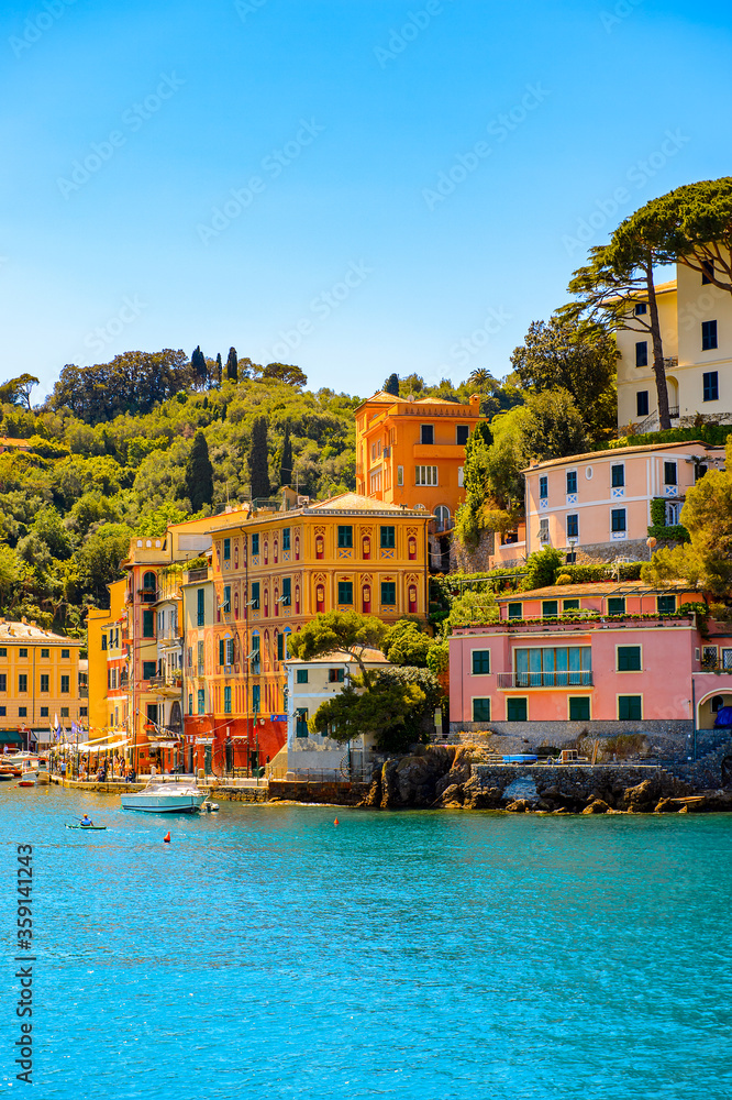 It's Sea way to Portofino, is an Italian fishing village, Genoa province, Italy. A vacation resort with a picturesque harbour and with celebrity and artistic visitors.