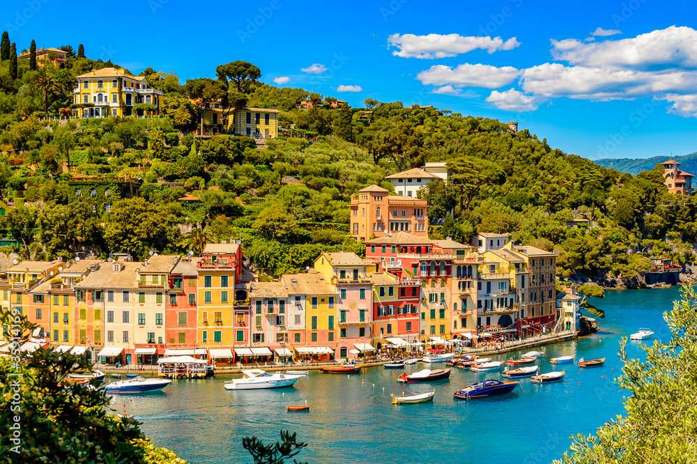 It's Panoramiv view of Portofino, is an Italian fishing village, Genoa province, Italy. A vacation resort with a picturesque harbour and with celebrity and artistic visitors.
