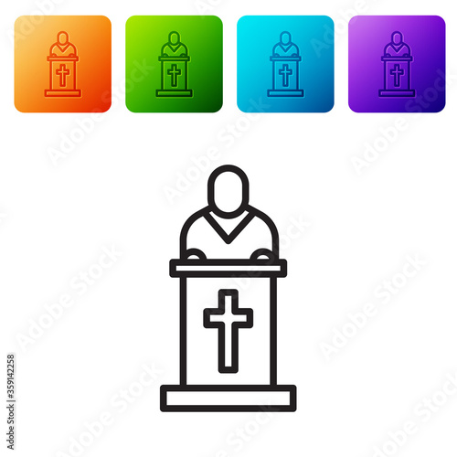 Black line Church pastor preaching icon isolated on white background. Set icons in color square buttons. Vector Illustration