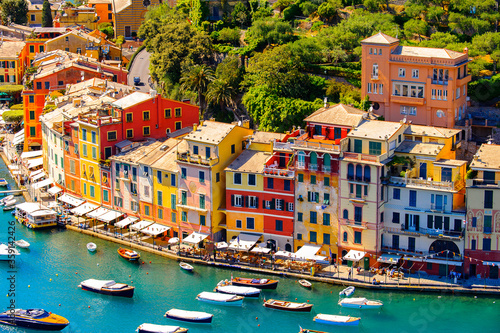 It's Aerial view of Portofino, an Italian fishing village, Genoa province, Italy. A vacation resort with a picturesque harbour and with celebrity and artistic visitors.