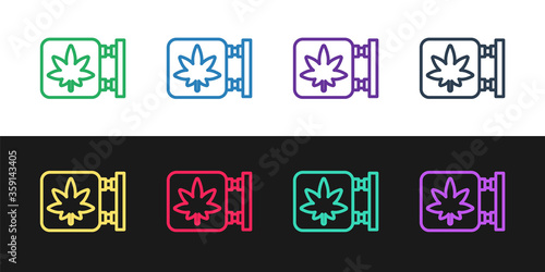 Set line Marijuana and cannabis store icon isolated on black and white background. Equipment and accessories for smoking, storing medical cannabis.  Vector Illustration