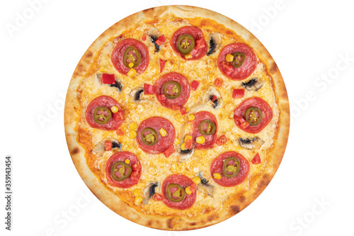 Pizza with sausage, with chili peppers, tomatoes, corn, mushrooms and cheese. View from above. On a white isolated background