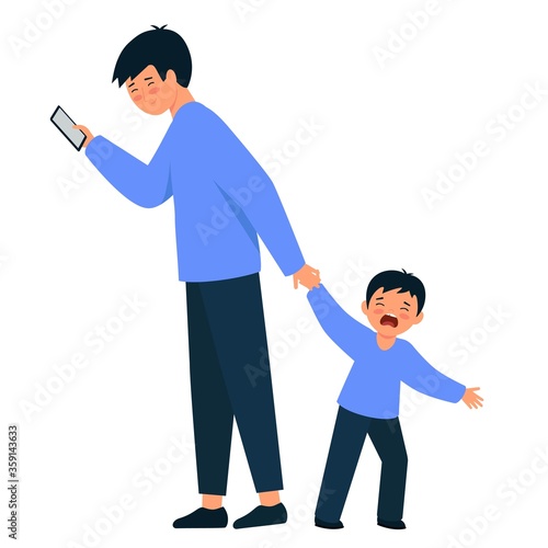 A man holds the hand of a crying child. The father looks at the smartphone and ignores the son.