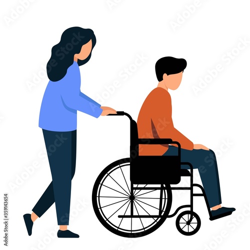 Woman pushing a man in a wheelchair. The guy can't walk.