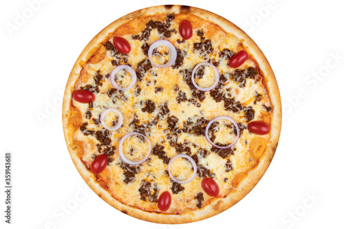 Pizza with minced meat, cherry tomatoes, onions and cheese. View from above. On a white isolated background