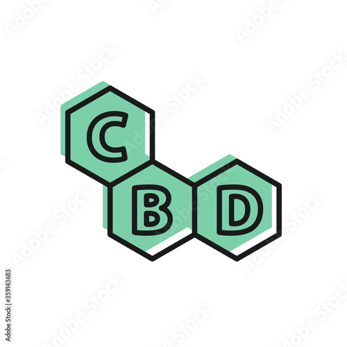 Black line Cannabis molecule icon isolated on white background. Cannabidiol molecular structures, THC and CBD formula. Marijuana sign.  Vector Illustration